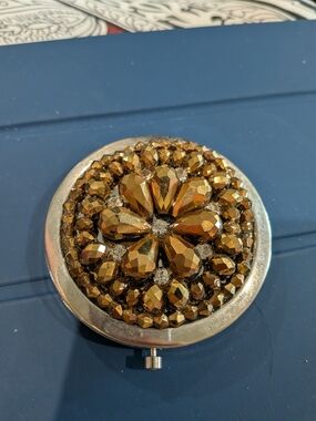 Vintage Crystal Accent Gold Compact Mirror